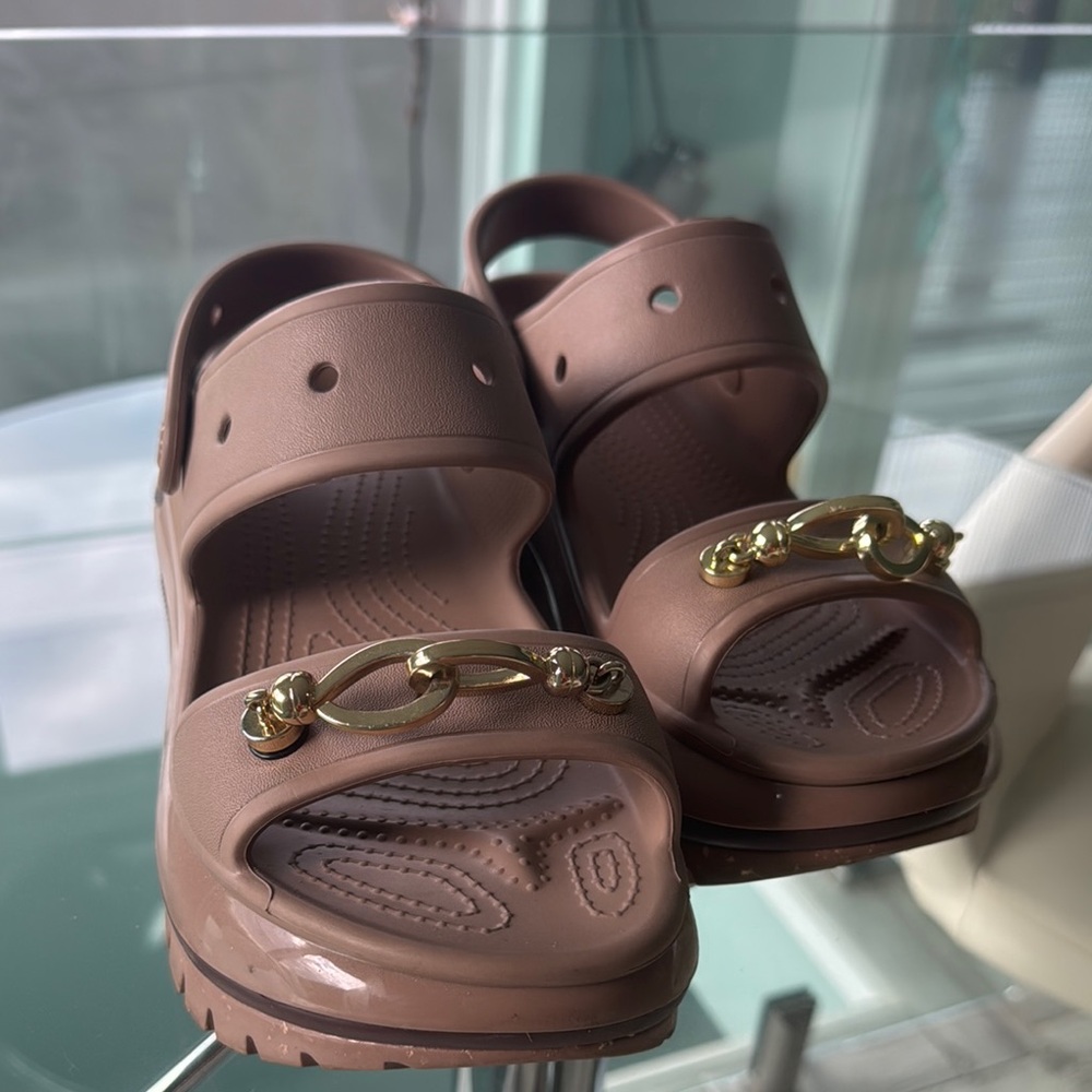 CROCS Brown and Gold Mules & Clogs with Perforated Design